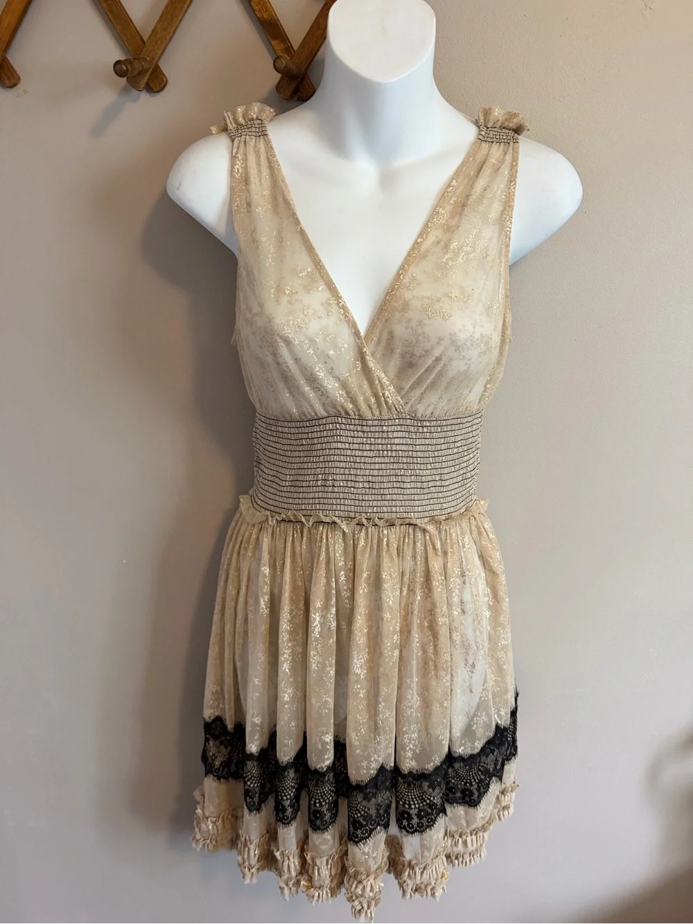 Free People | Dresses | Free People New Romantics Gold Black Lace Mesh  Ruffle Mini Dress Xs | Poshmark